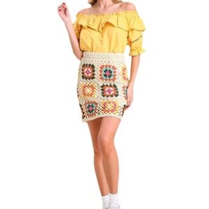 Umgee Colorful Crochet Squares Mini Skirt In Natural Tan Women’s Size Large NWT